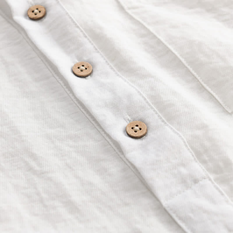 Buddha Stones Summer Tang Style Casual Mandarin Collar Half Button Solid Men's Short Sleeve Shirts With Patch Pocket - image 14