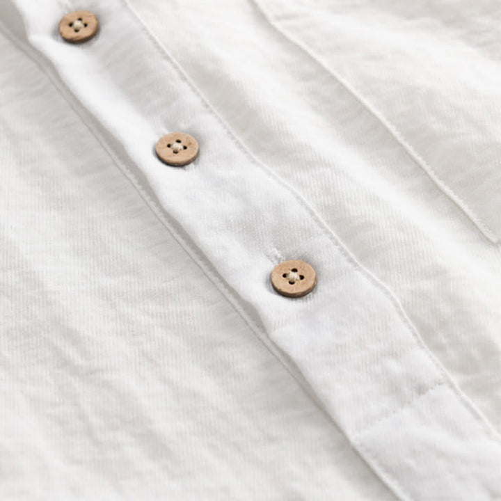 Buddha Stones Summer Tang Style Casual Mandarin Collar Half Button Solid Men's Short Sleeve Shirts With Patch Pocket - image 14