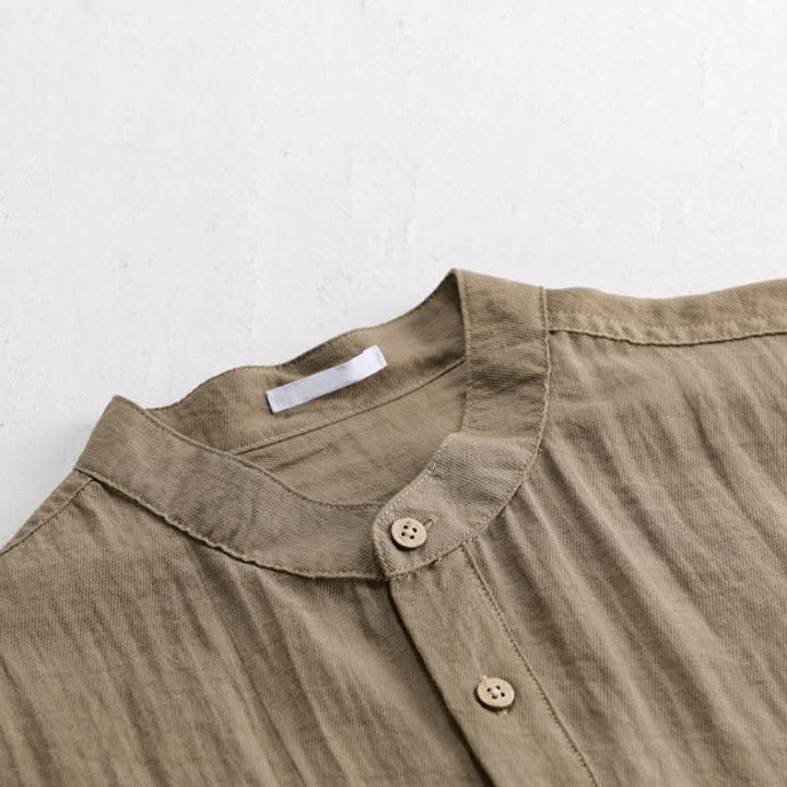 Buddha Stones Summer Tang Style Casual Mandarin Collar Half Button Solid Men's Short Sleeve Shirts With Patch Pocket - image 1