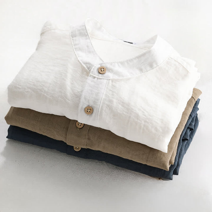 Buddha Stones Summer Tang Style Casual Mandarin Collar Half Button Solid Men's Short Sleeve Shirts With Patch Pocket - image 18