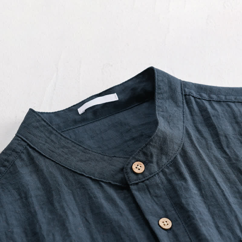 Buddha Stones Summer Tang Style Casual Mandarin Collar Half Button Solid Men's Short Sleeve Shirts With Patch Pocket - image 7
