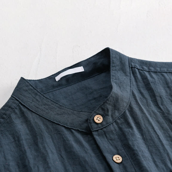 Buddha Stones Summer Tang Style Casual Mandarin Collar Half Button Solid Men's Short Sleeve Shirts With Patch Pocket - image 7