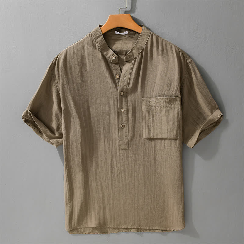 Buddha Stones Summer Tang Style Casual Mandarin Collar Half Button Solid Men's Short Sleeve Shirts With Patch Pocket - Tan - US/UK/AU42, EU52 (3XL) - image 0