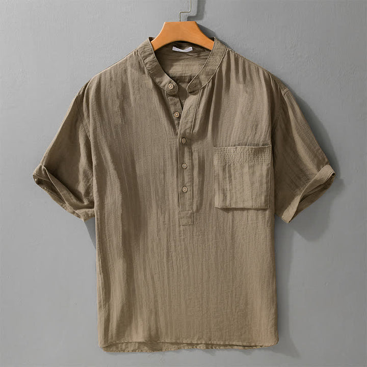 Buddha Stones Summer Tang Style Casual Mandarin Collar Half Button Solid Men's Short Sleeve Shirts With Patch Pocket - Tan - US/UK/AU42, EU52 (3XL) - image 0