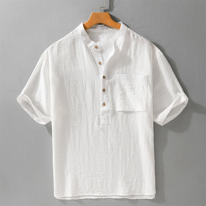 Buddha Stones Summer Tang Style Casual Mandarin Collar Half Button Solid Men's Short Sleeve Shirts With Patch Pocket - White - US/UK/AU42, EU52 (3XL) - image 10