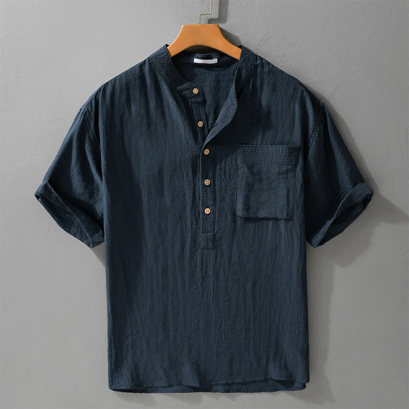 Buddha Stones Summer Tang Style Casual Mandarin Collar Half Button Solid Men's Short Sleeve Shirts With Patch Pocket - MidnightBlue - US/UK/AU42, EU52 (3XL) - image 6