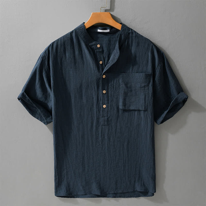 Buddha Stones Summer Tang Style Casual Mandarin Collar Half Button Solid Men's Short Sleeve Shirts With Patch Pocket - MidnightBlue - US/UK/AU42, EU52 (3XL) - image 6