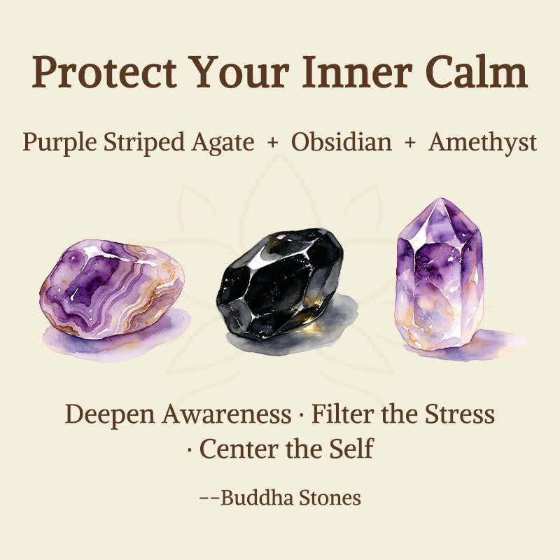Buddha Stones 3pcs "Protect Your Inner Calm" Purple Striped Agate Bracelet Includes Gift Message Card - image 5