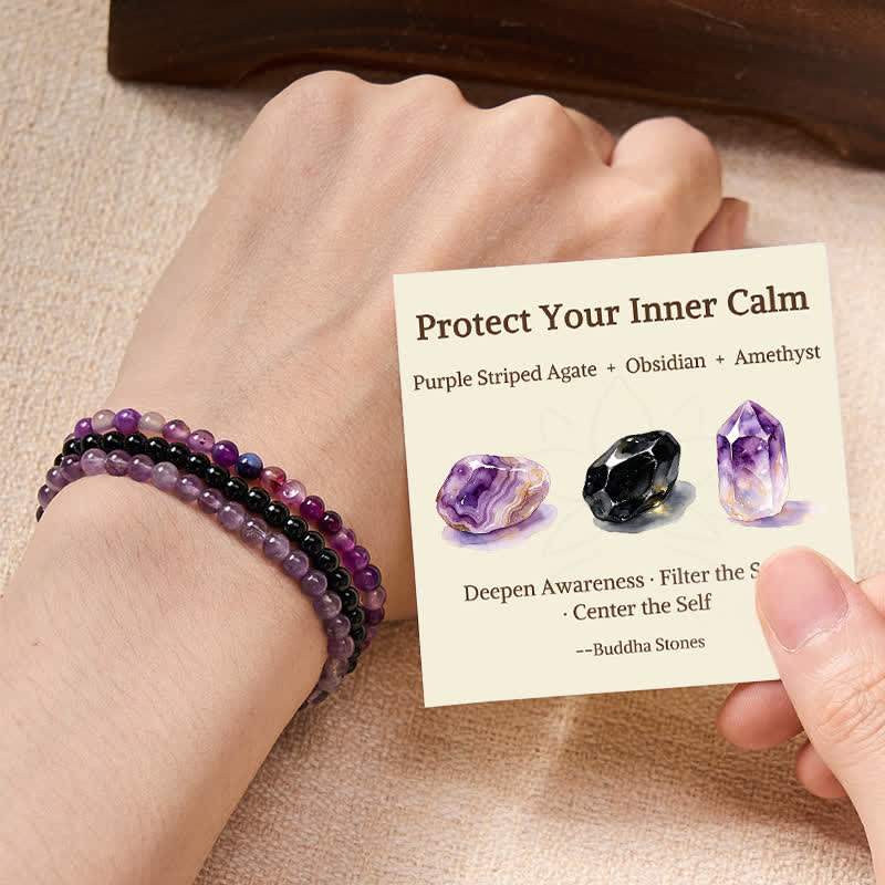 Buddha Stones 3pcs "Protect Your Inner Calm" Purple Striped Agate Bracelet Includes Gift Message Card - 6mm - image 0