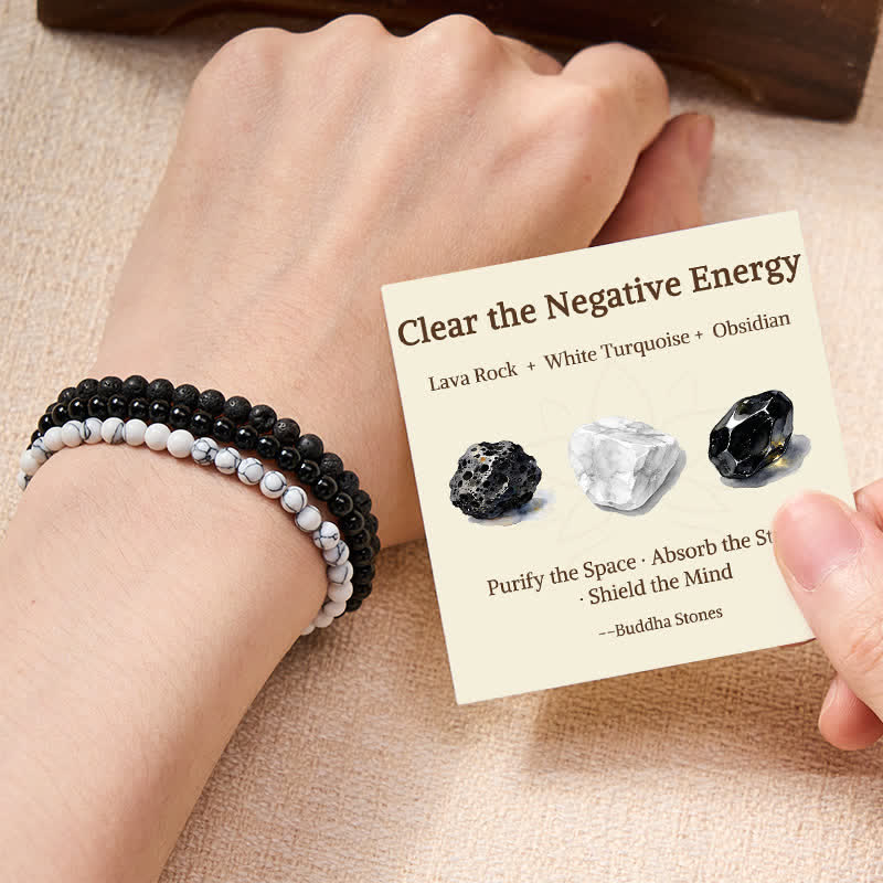 Buddha Stones 3pcs "Clear the Negative Energy" Lava Rock Support Bracelet Includes Gift Message Card - 4mm - image 0