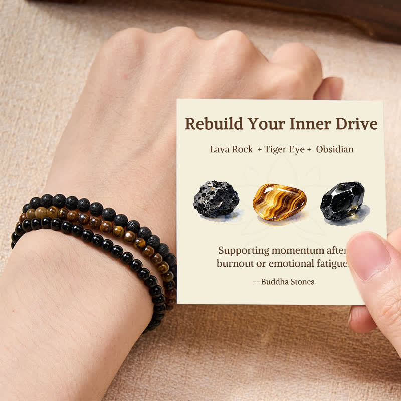 Buddha Stones 3pcs "Rebuild Your Inner Drive" Lava Rock Calm Bracelet Includes Gift Message Card - 4mm - image 0