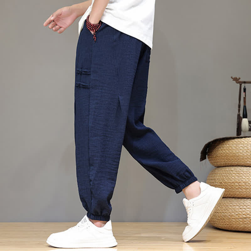 Buddha Stones Summer Casual Tang Style Solid Cropped Pants Men's Harem Pants With Pockets - image 6