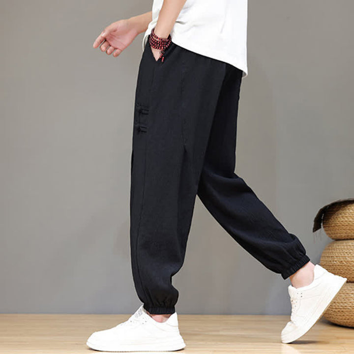 Buddha Stones Summer Casual Tang Style Solid Cropped Pants Men's Harem Pants With Pockets - image 15