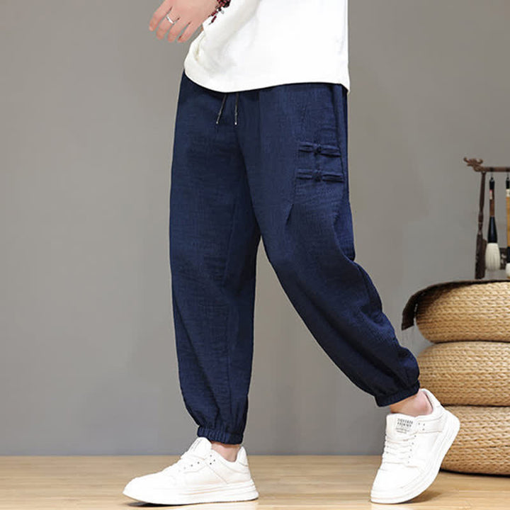 Buddha Stones Summer Casual Tang Style Solid Cropped Pants Men's Harem Pants With Pockets - image 5