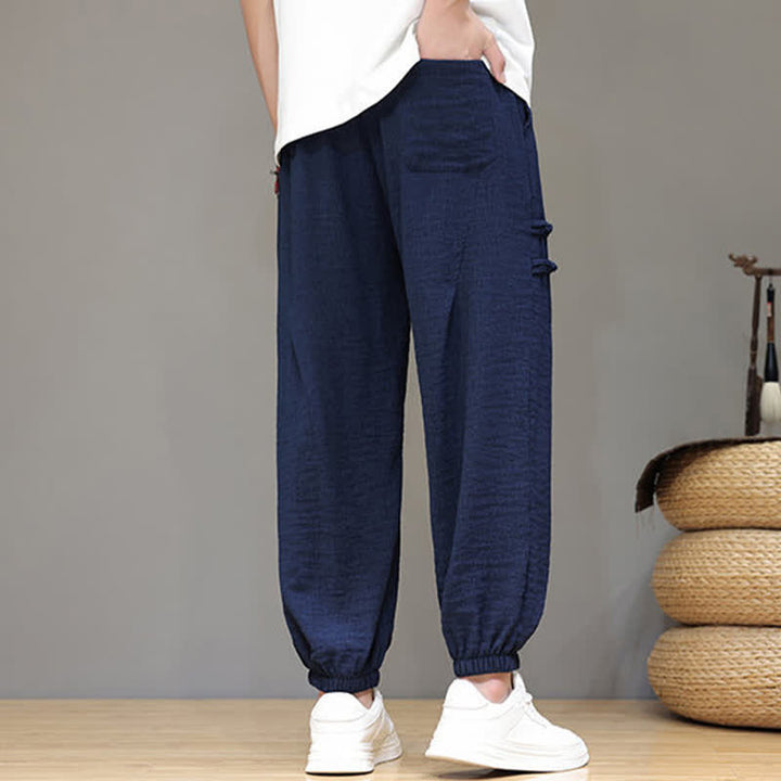 Buddha Stones Summer Casual Tang Style Solid Cropped Pants Men's Harem Pants With Pockets - image 4