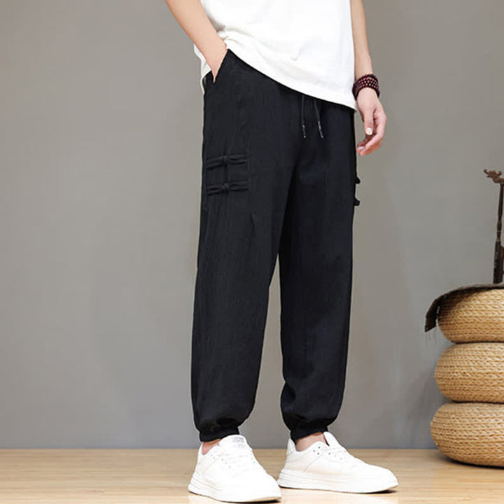 Buddha Stones Summer Casual Tang Style Solid Cropped Pants Men's Harem Pants With Pockets - image 10