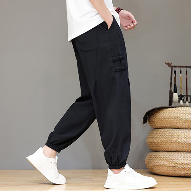 Buddha Stones Summer Casual Tang Style Solid Cropped Pants Men's Harem Pants With Pockets - image 13
