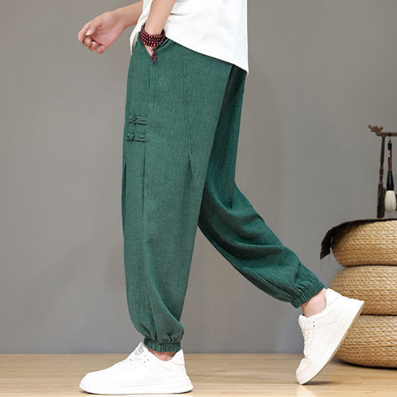 Buddha Stones Summer Casual Tang Style Solid Cropped Pants Men's Harem Pants With Pockets - image 35