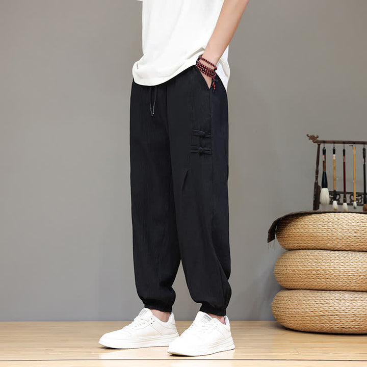 Buddha Stones Summer Casual Tang Style Solid Cropped Pants Men's Harem Pants With Pockets - image 14