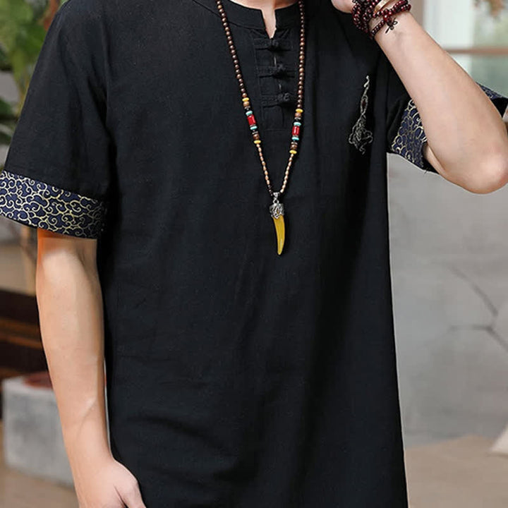 Buddha Stones Summer Tang Style Frog Button Embroidery Gourd Solid Men's Short Sleeve Shirts - image 9