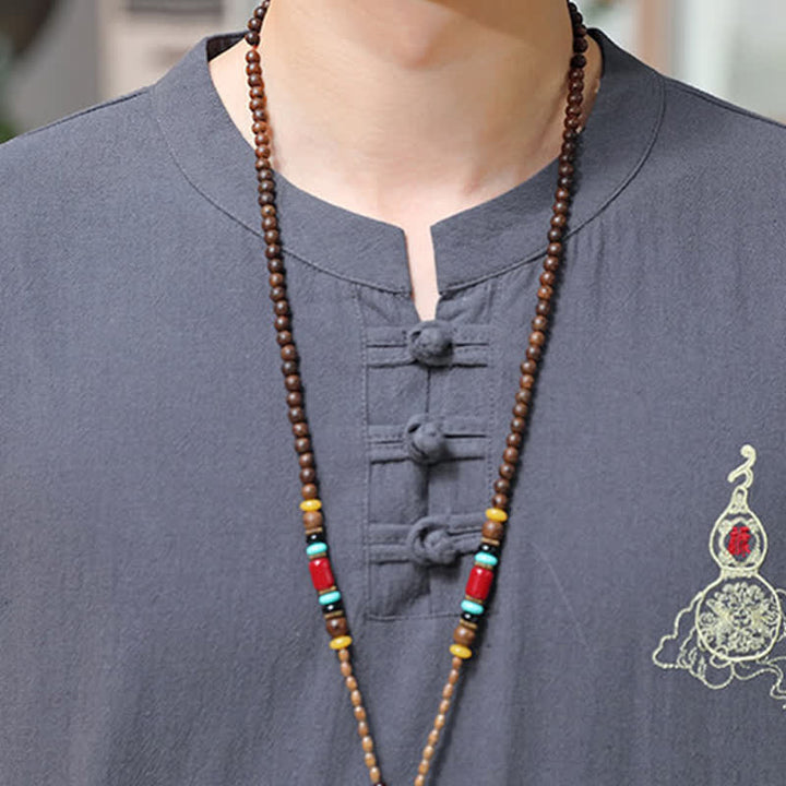 Buddha Stones Summer Tang Style Frog Button Embroidery Gourd Solid Men's Short Sleeve Shirts - image 17
