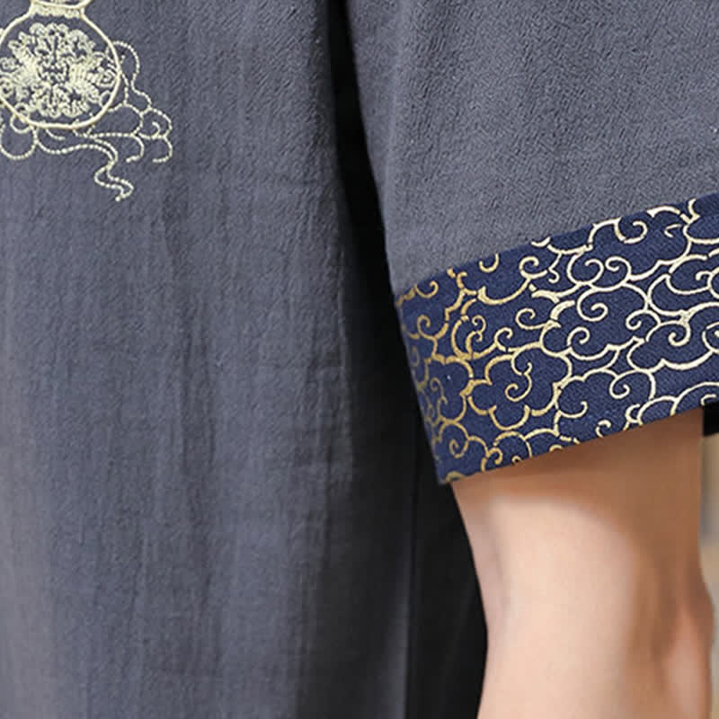 Buddha Stones Summer Tang Style Frog Button Embroidery Gourd Solid Men's Short Sleeve Shirts - image 20