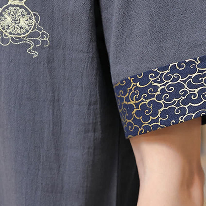 Buddha Stones Summer Tang Style Frog Button Embroidery Gourd Solid Men's Short Sleeve Shirts - image 20