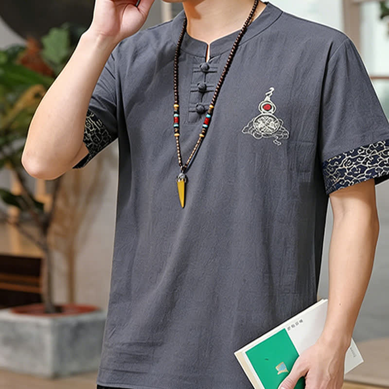 Buddha Stones Summer Tang Style Frog Button Embroidery Gourd Solid Men's Short Sleeve Shirts - image 16