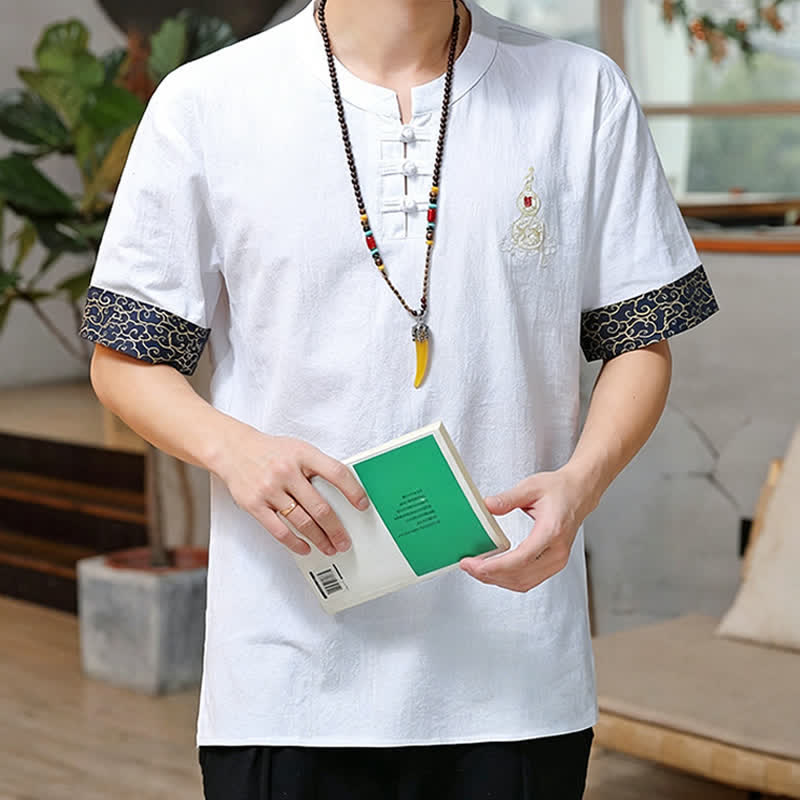 Buddha Stones Summer Tang Style Frog Button Embroidery Gourd Solid Men's Short Sleeve Shirts - image 25