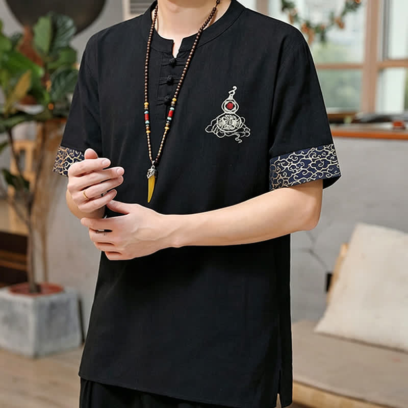Buddha Stones Summer Tang Style Frog Button Embroidery Gourd Solid Men's Short Sleeve Shirts - image 6
