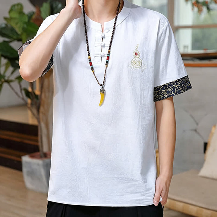 Buddha Stones Summer Tang Style Frog Button Embroidery Gourd Solid Men's Short Sleeve Shirts - image 24