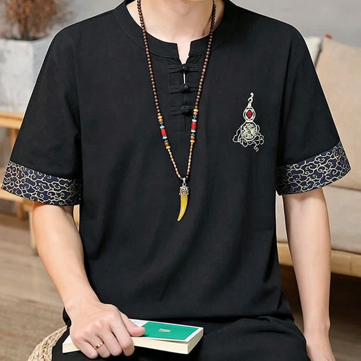Buddha Stones Summer Tang Style Frog Button Embroidery Gourd Solid Men's Short Sleeve Shirts - image 7