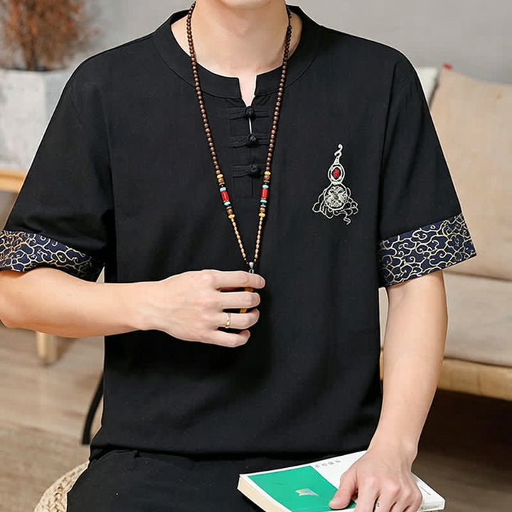 Buddha Stones Summer Tang Style Frog Button Embroidery Gourd Solid Men's Short Sleeve Shirts - image 8