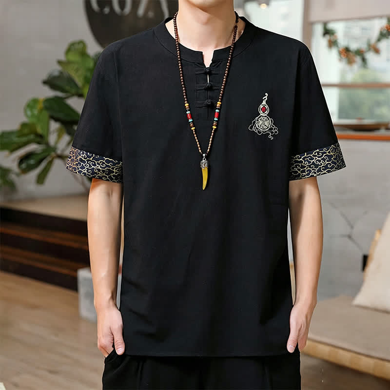 Buddha Stones Summer Tang Style Frog Button Embroidery Gourd Solid Men's Short Sleeve Shirts - Black - US/UK/AU46, EU56 (5XL) - image 5