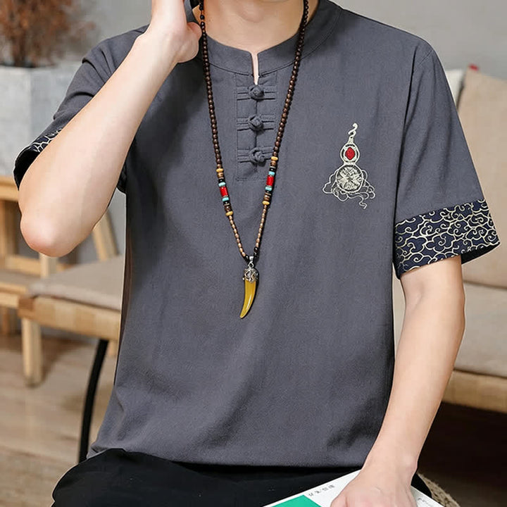 Buddha Stones Summer Tang Style Frog Button Embroidery Gourd Solid Men's Short Sleeve Shirts - image 15