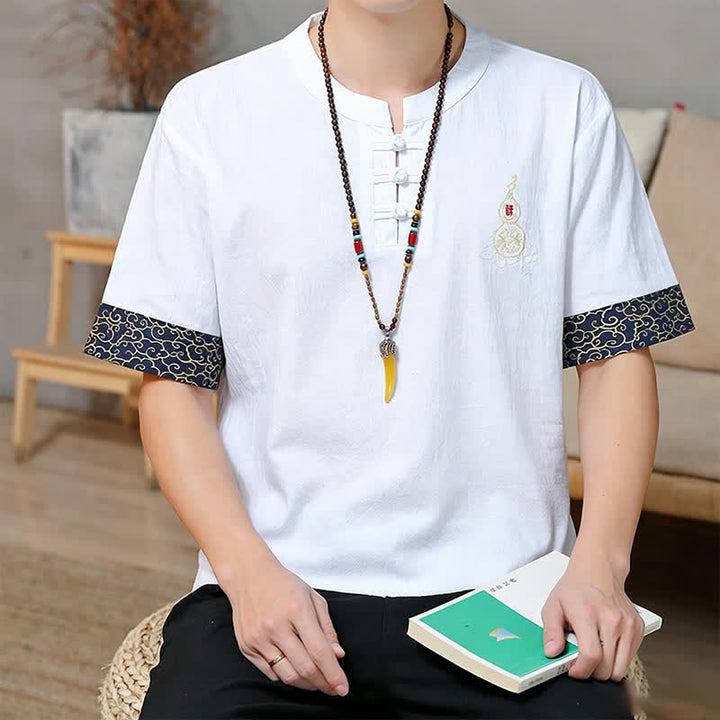 Buddha Stones Summer Tang Style Frog Button Embroidery Gourd Solid Men's Short Sleeve Shirts - image 26