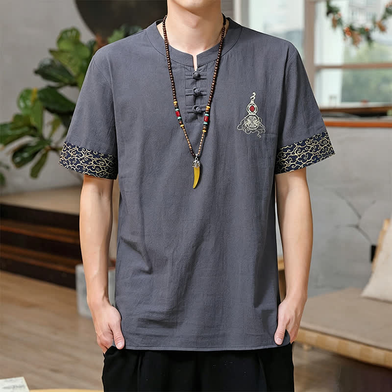 Buddha Stones Summer Tang Style Frog Button Embroidery Gourd Solid Men's Short Sleeve Shirts - SlateGray - US/UK/AU46, EU56 (5XL) - image 10