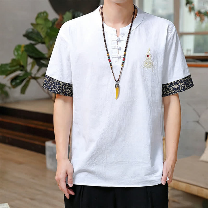 Buddha Stones Summer Tang Style Frog Button Embroidery Gourd Solid Men's Short Sleeve Shirts - White - US/UK/AU46, EU56 (5XL) - image 23
