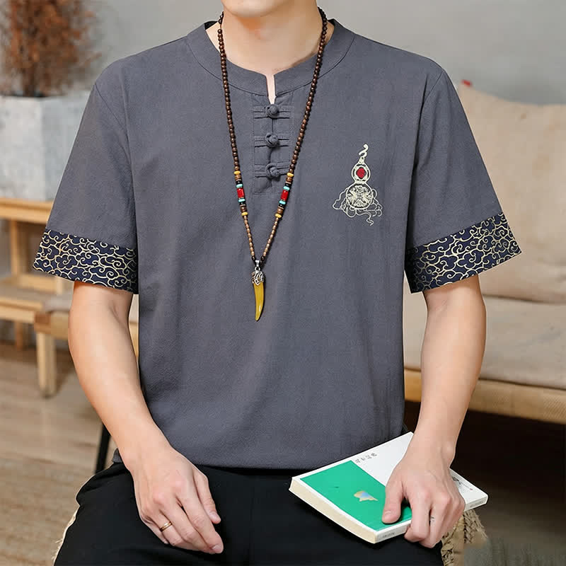 Buddha Stones Summer Tang Style Frog Button Embroidery Gourd Solid Men's Short Sleeve Shirts - image 13