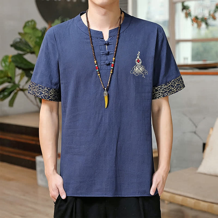 Buddha Stones Summer Tang Style Frog Button Embroidery Gourd Solid Men's Short Sleeve Shirts - SteelBlue - US/UK/AU46, EU56 (5XL) - image 0