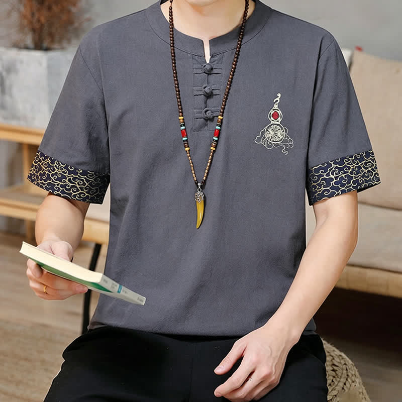Buddha Stones Summer Tang Style Frog Button Embroidery Gourd Solid Men's Short Sleeve Shirts - image 14