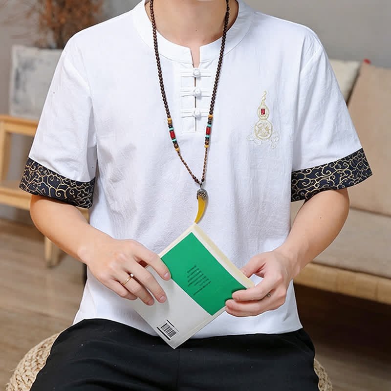 Buddha Stones Summer Tang Style Frog Button Embroidery Gourd Solid Men's Short Sleeve Shirts - image 27