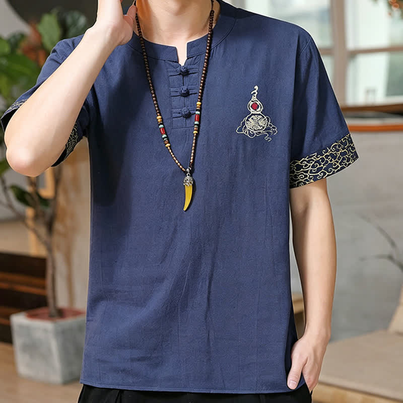Buddha Stones Summer Tang Style Frog Button Embroidery Gourd Solid Men's Short Sleeve Shirts - image 2