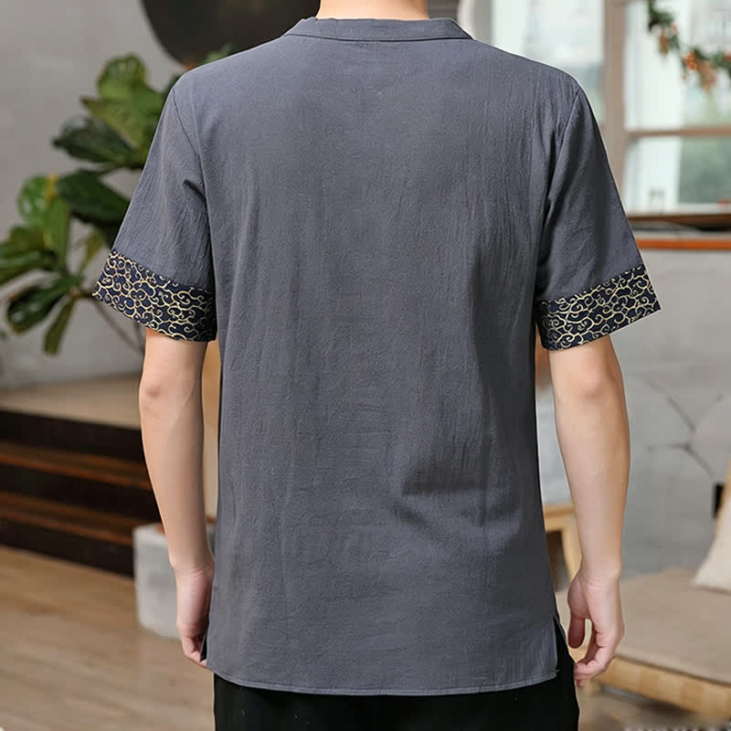 Buddha Stones Summer Tang Style Frog Button Embroidery Gourd Solid Men's Short Sleeve Shirts - image 12