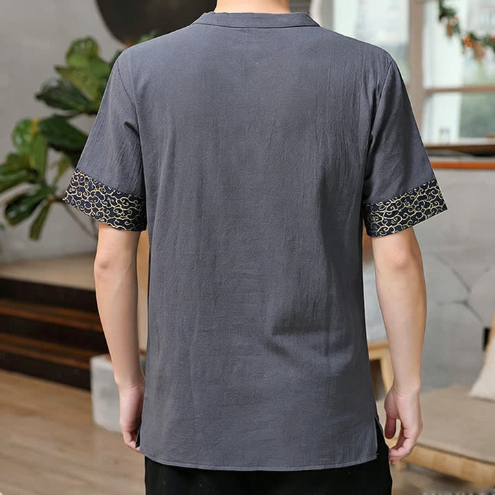 Buddha Stones Summer Tang Style Frog Button Embroidery Gourd Solid Men's Short Sleeve Shirts - image 12