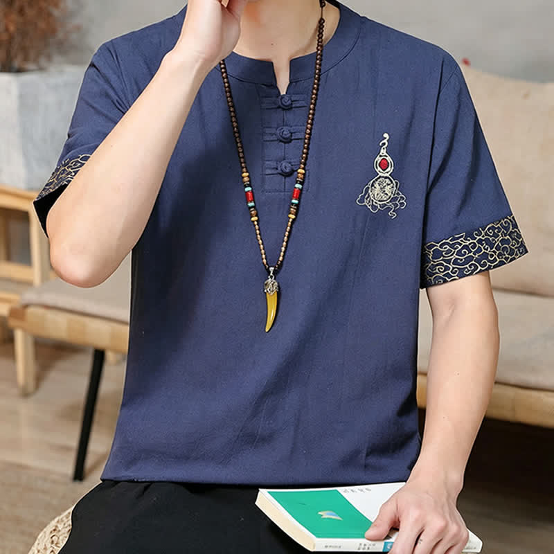 Buddha Stones Summer Tang Style Frog Button Embroidery Gourd Solid Men's Short Sleeve Shirts - image 3