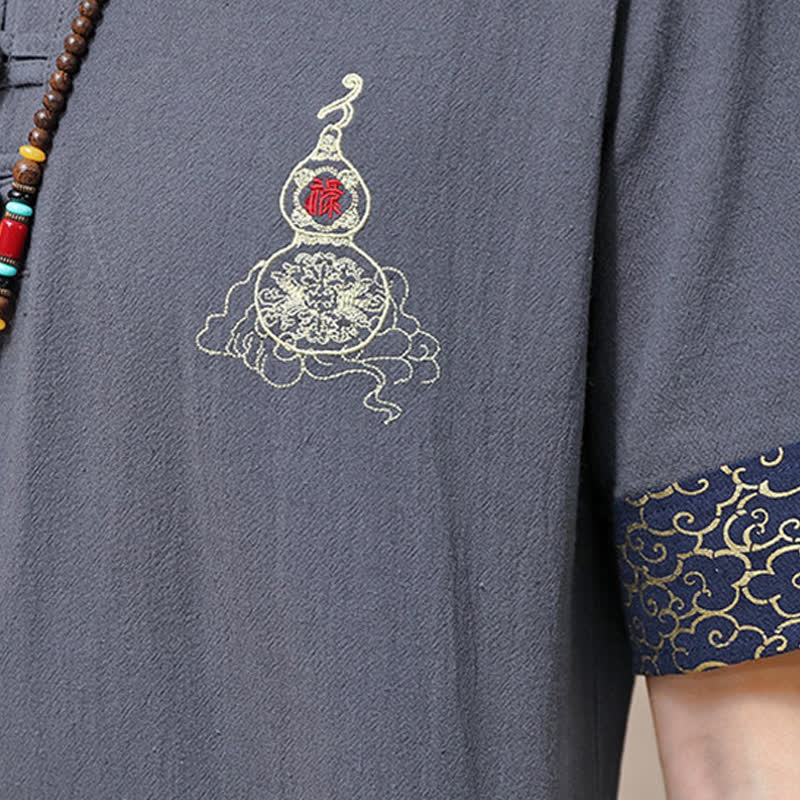 Buddha Stones Summer Tang Style Frog Button Embroidery Gourd Solid Men's Short Sleeve Shirts - image 19