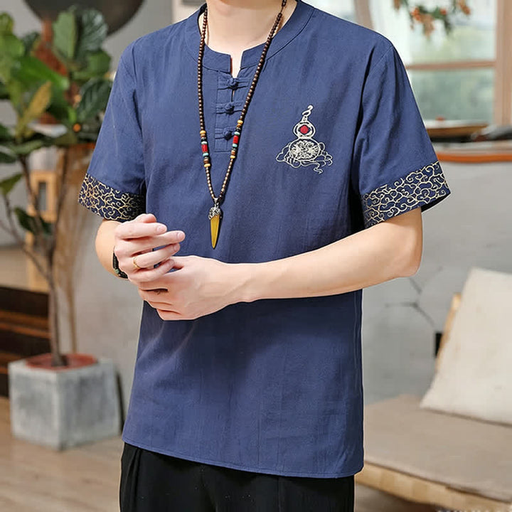 Buddha Stones Summer Tang Style Frog Button Embroidery Gourd Solid Men's Short Sleeve Shirts - image 1