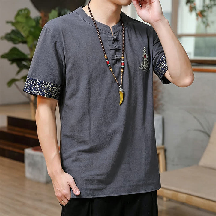 Buddha Stones Summer Tang Style Frog Button Embroidery Gourd Solid Men's Short Sleeve Shirts - image 11