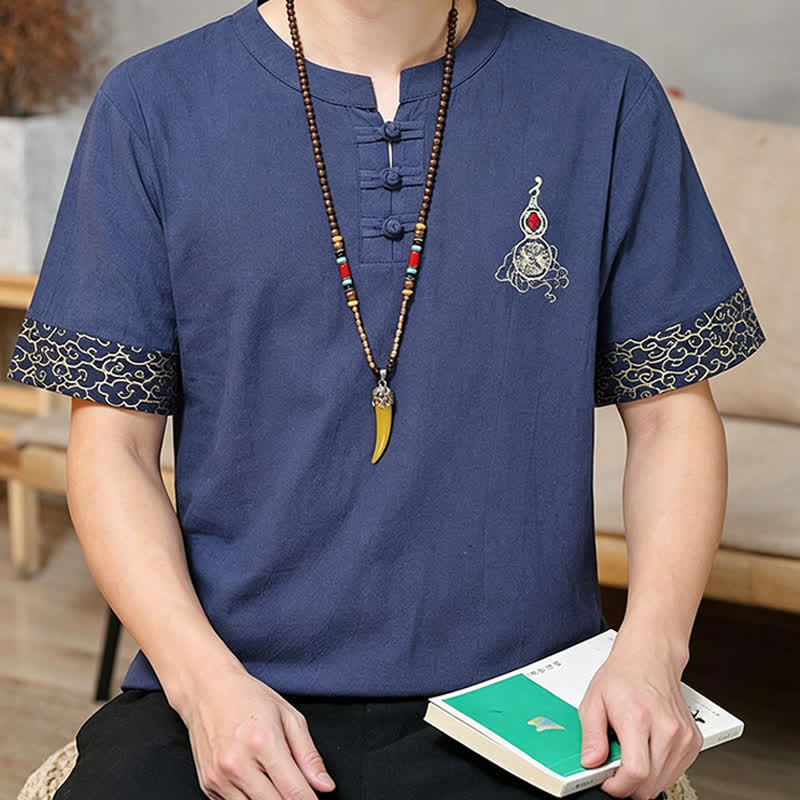 Buddha Stones Summer Tang Style Frog Button Embroidery Gourd Solid Men's Short Sleeve Shirts - image 4